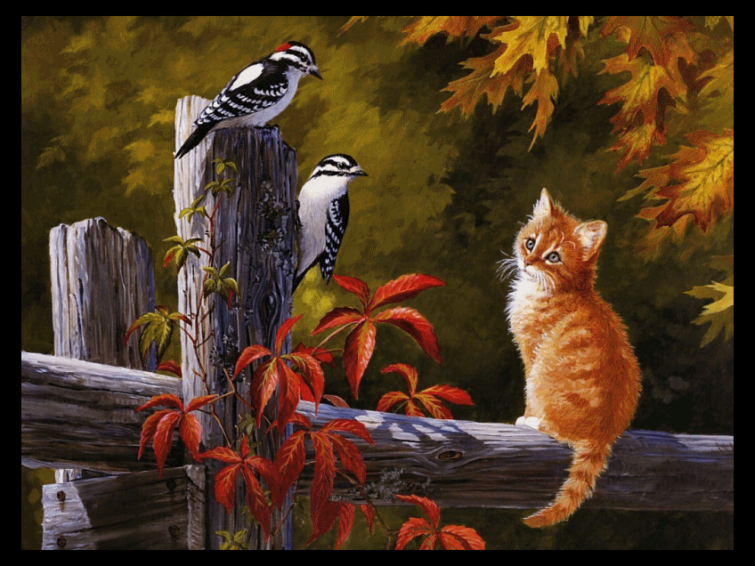 AutumnTimeCatWithBirdsAnimatedByHeatherGill.gif