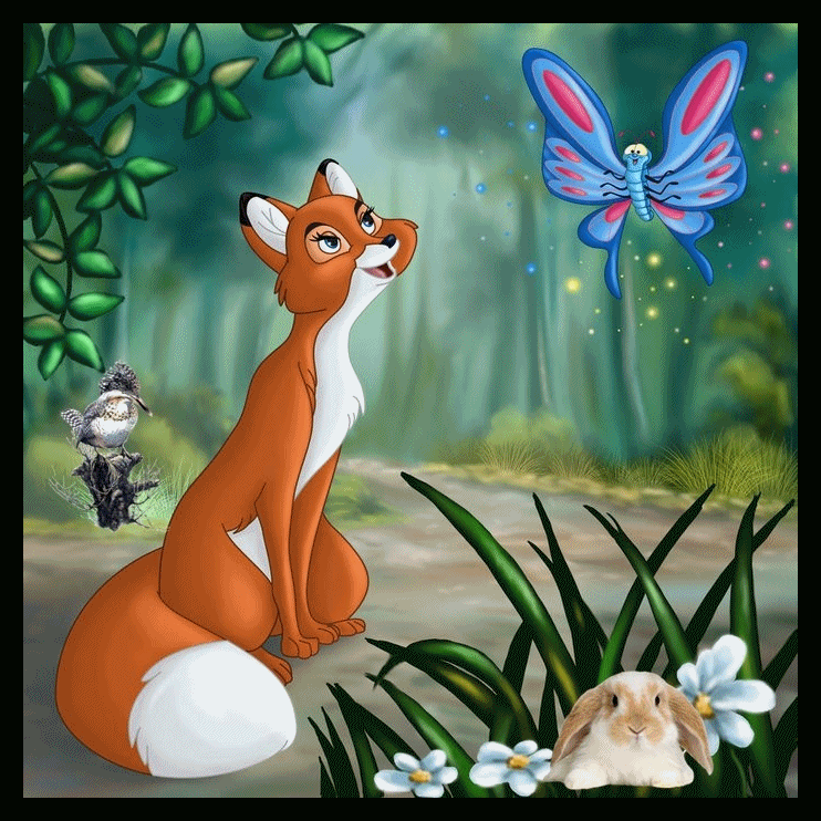 FoxWithButterflyAndRabbitNoLightAnimatedByHG.gif