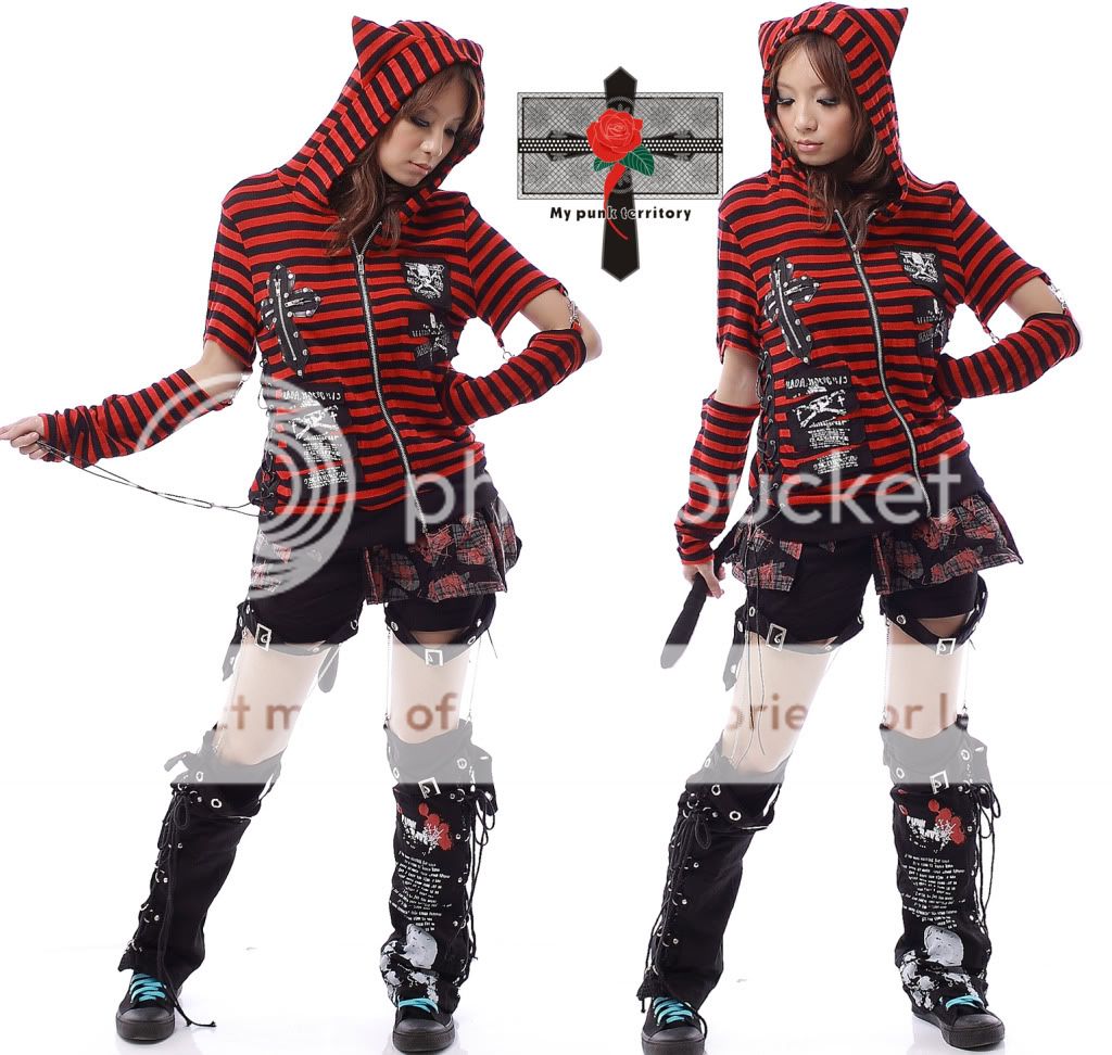 Unisex Visual Kei Rock Kitten Red Striped Cross Skull Gothic Tail EMO 