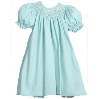 Embellished Petit Ami Smocked Bishop Boutique Dress in Soft Teal Aqua Green
