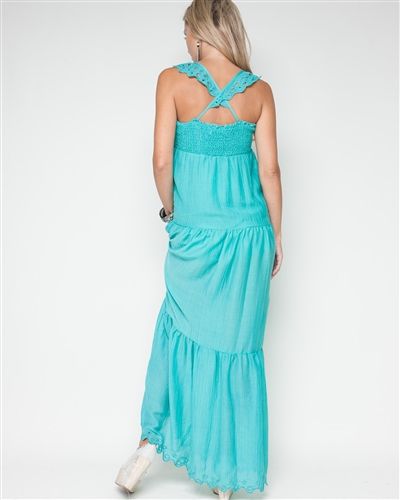 Romantic Sweet Aqua Tiered Eyelet Trimmed Maxi Party Cruise Pool Beach Dress