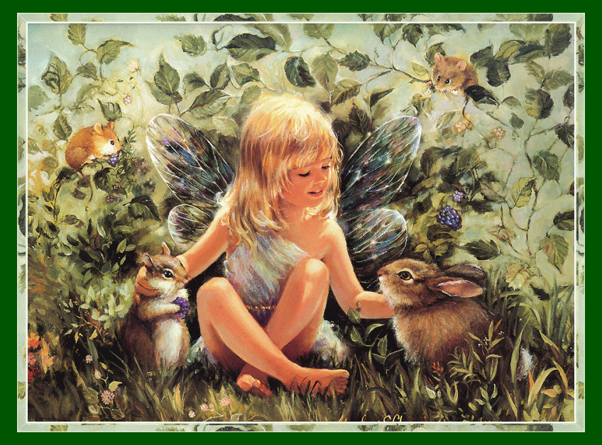 LittleFairyGirlSitsWithHerAnimalFriendsAnimatedByHeatherGill.gif