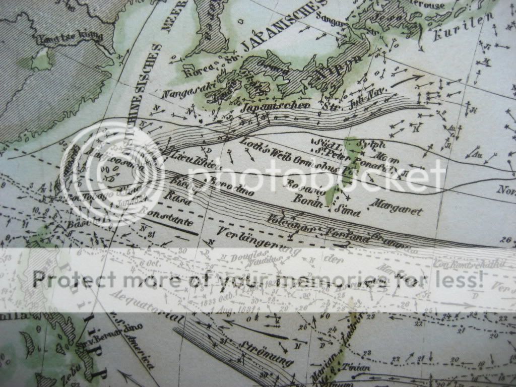 PACIFIC OCEAN CURRENTS TEMPERATURES MAP MEYER c.1850  