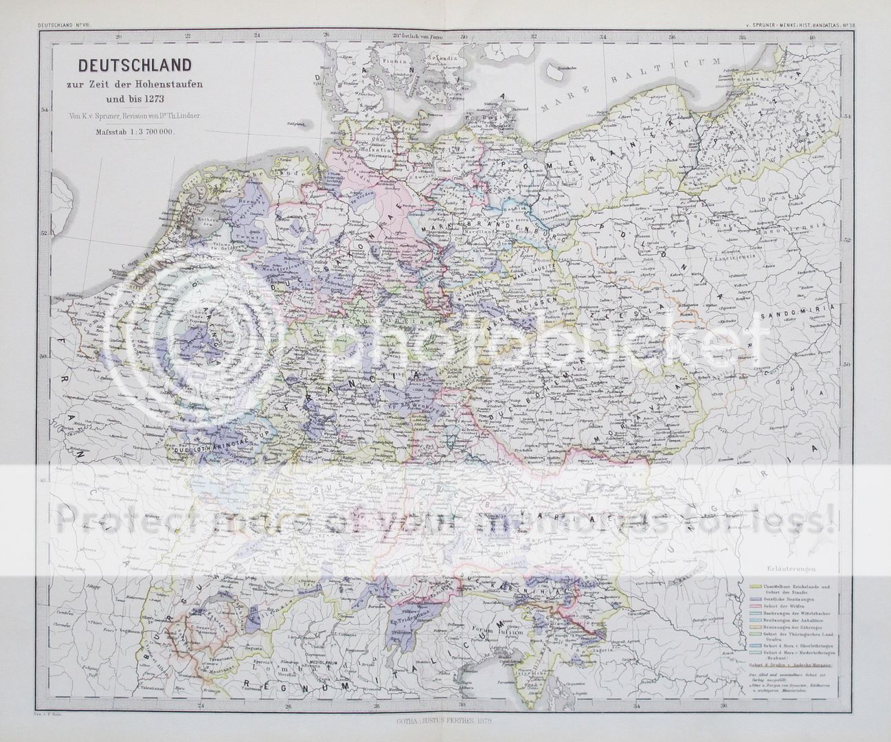 1879 Map Deutschland Germany at The Time of The Hohenstaufens to 1273