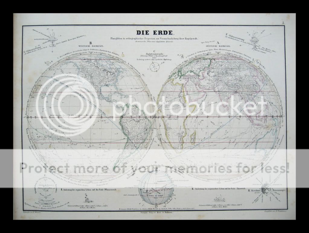 MAP GLOBE WORLD EARTH DIE ERDE ANTIQUE HUMBOLDT c.1851  